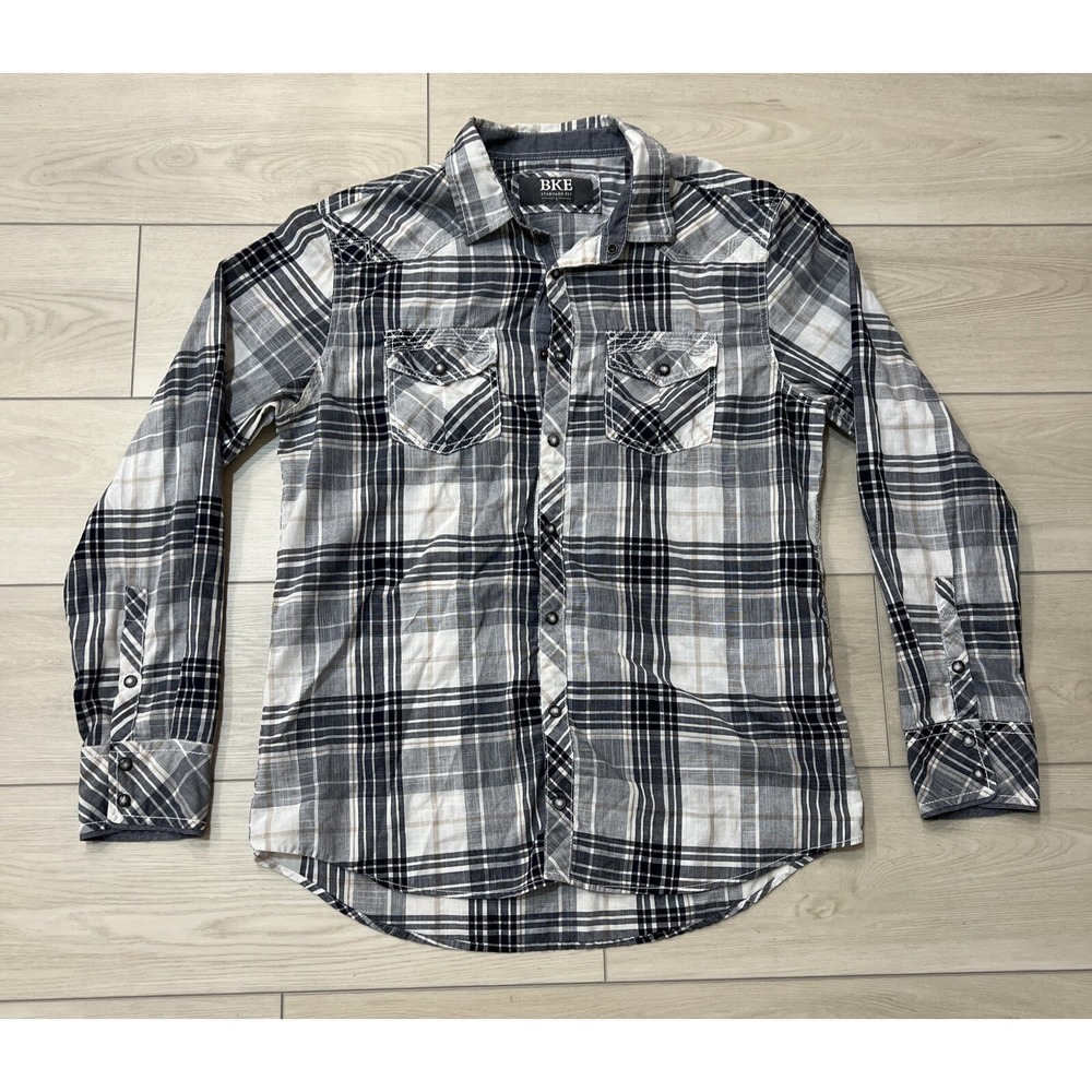 BKE Buckle Shirt Mens Navy Blue Plaid Pearl Snap Pockets White‎ Western Size L
